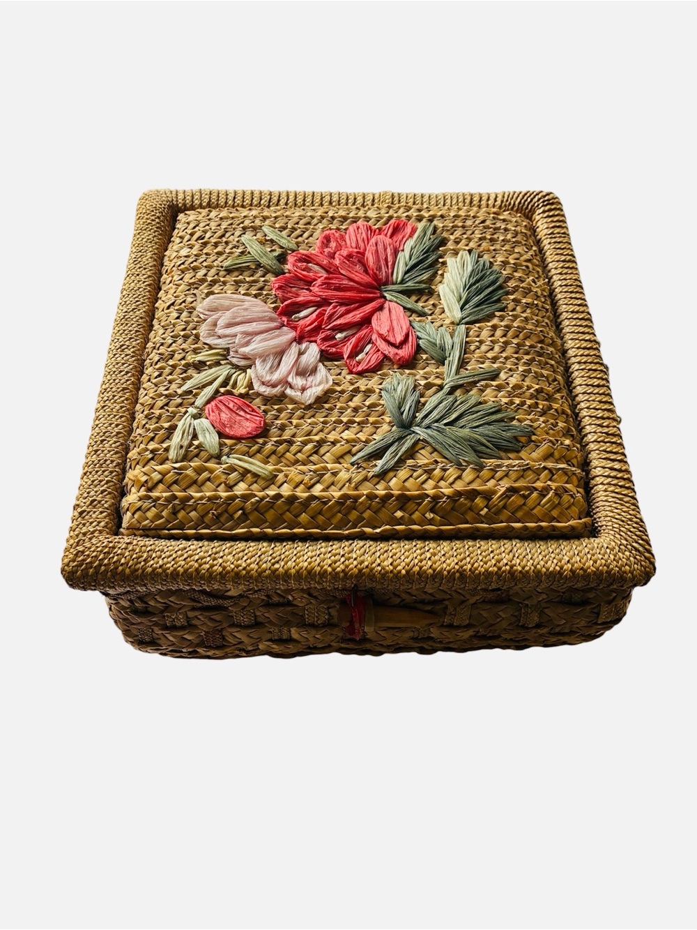 Vintage Handwoven Wicker Sewing  Box with Pink & Coral Floral Embroidery